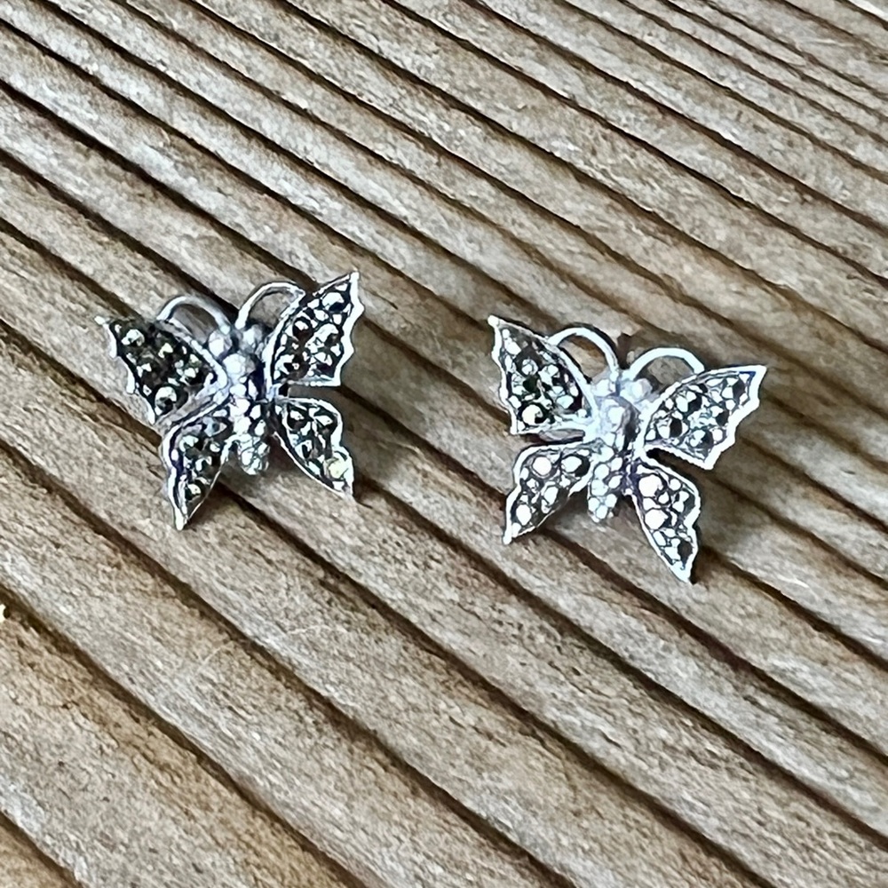 Vintage Sterling Silver 925 Marcasite Butterfly Stud Earrings